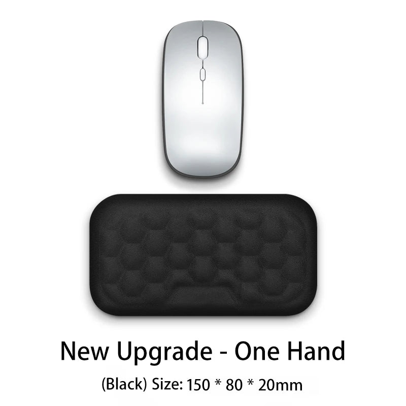 Black one-hand mouse pad with a mouse resting on top