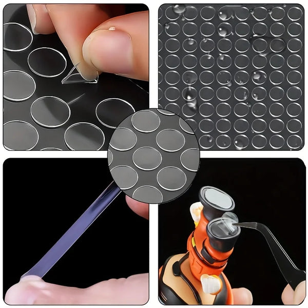 Close-up shots show removable double-sided adhesive decor dots being applied and used on various surfaces.