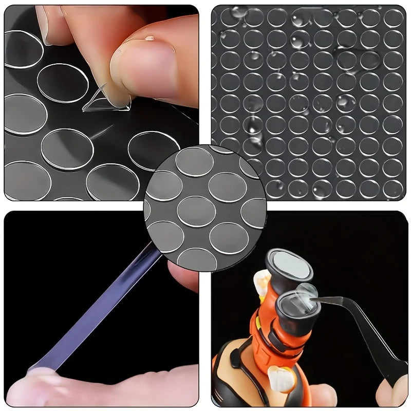 Gros plans montrent des points décoratifs adhésifs à double face, amovibles, appliqués et utilisés sur diverses surfaces.