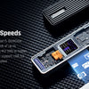 A high-speed NVMe SSD enclosure with an LCD display is shown on a dark surface.