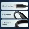 A black Type-C cable with a connector and flexible cord, demonstrating no cracking and resistance to bending.