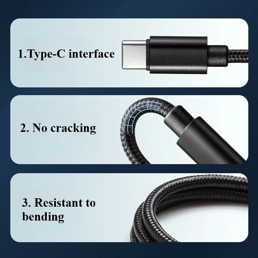 A black Type-C cable with a connector and flexible cord, demonstrating no cracking and resistance to bending.