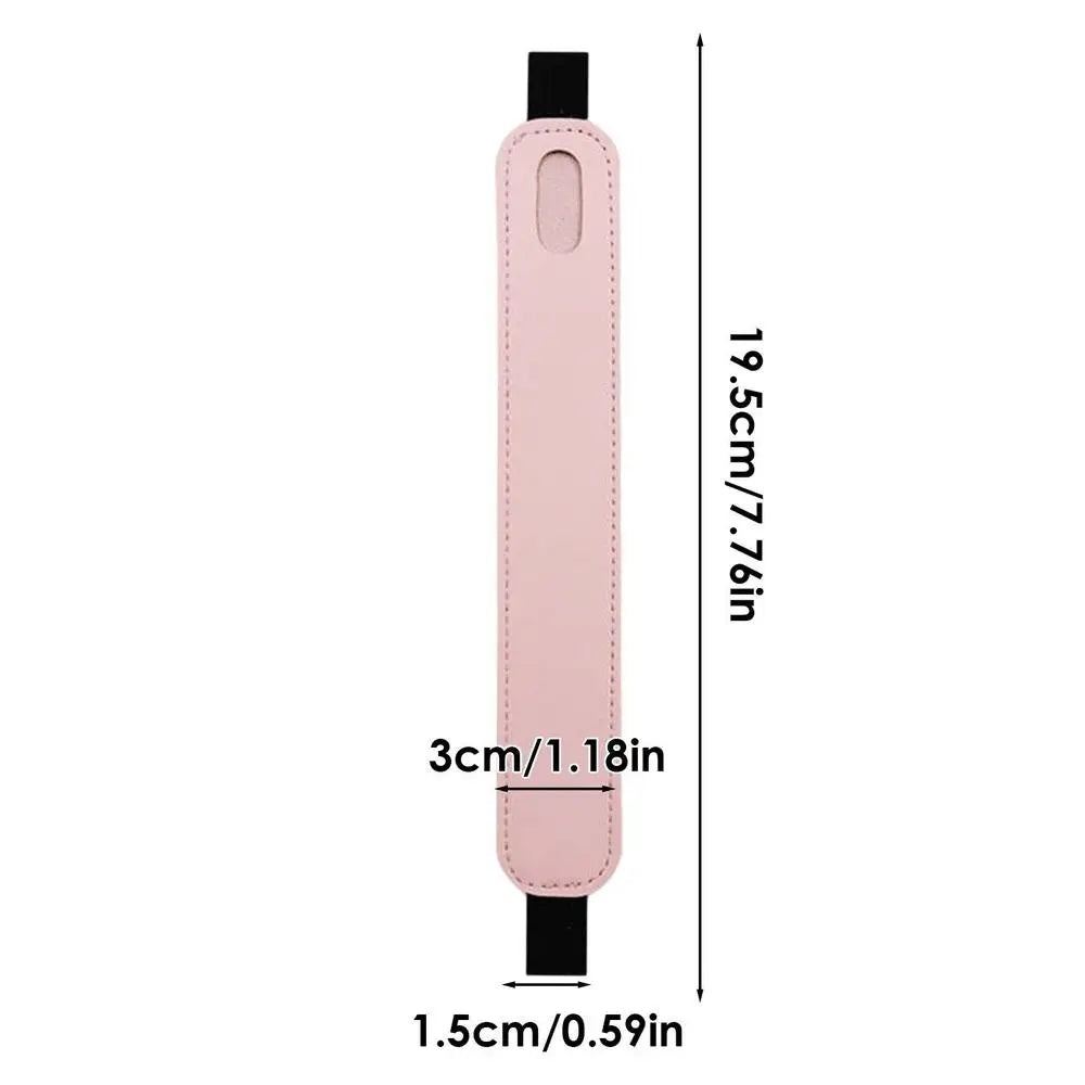 A pink leather protective case for a tablet stylus pen shown with dimensions.