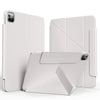 A white magnetic protective case for an Apple iPad is shown in various forms.