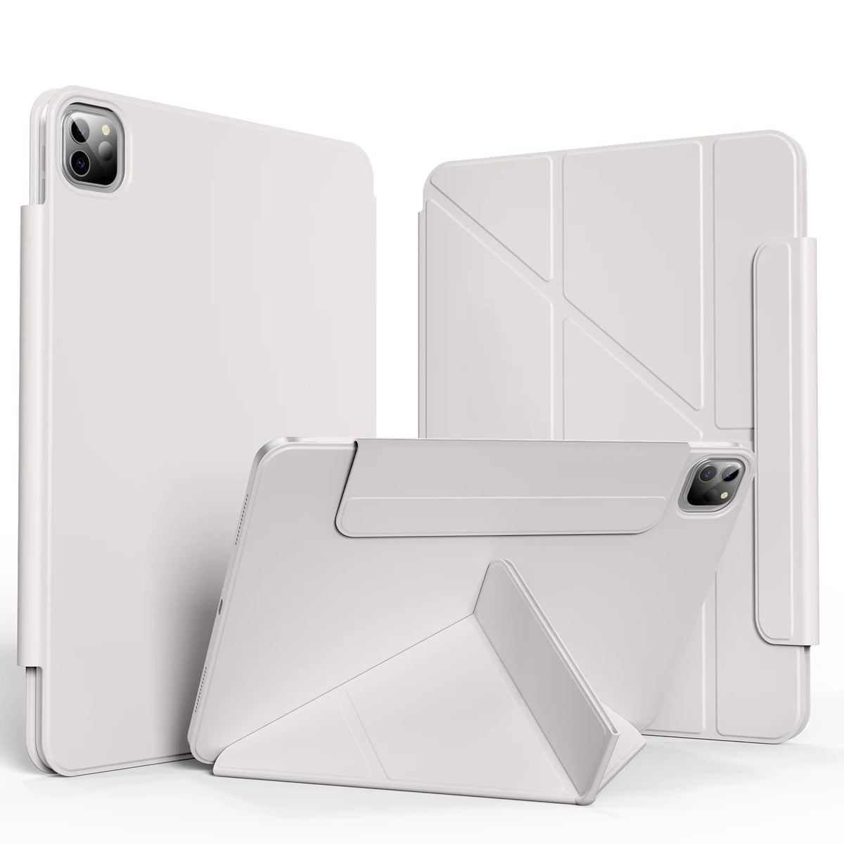 A white magnetic protective case for an Apple iPad is shown in various forms.