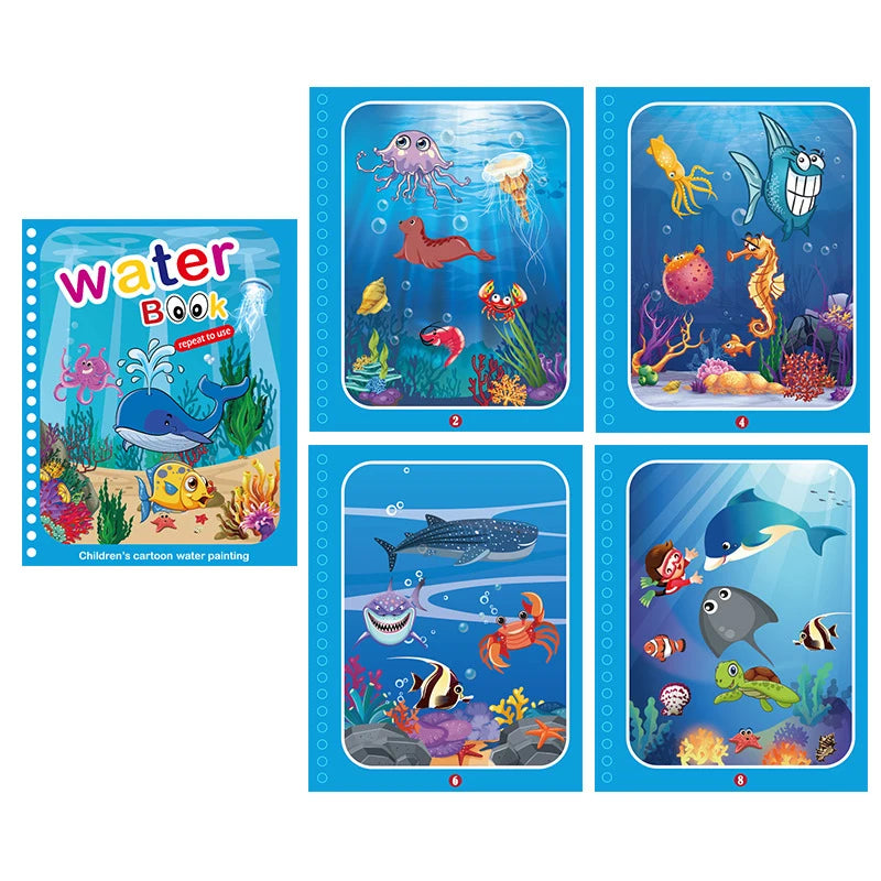 A set of six watercolor painting pages featuring various colorful sea creatures and marine life for children's art.