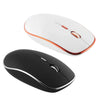 A black computer mouse and a white computer mouse are shown side by side.