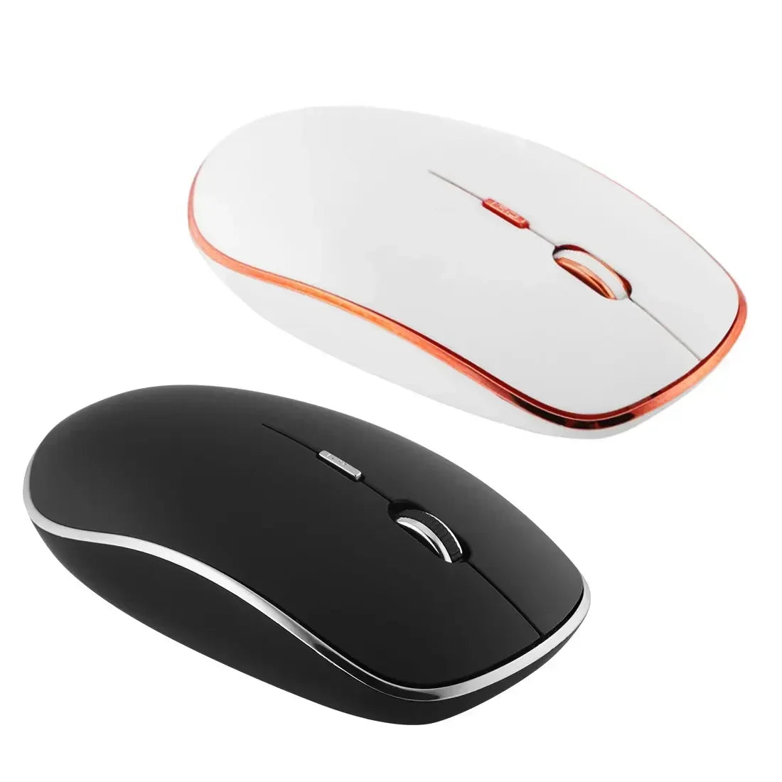 A black computer mouse and a white computer mouse are shown side by side.