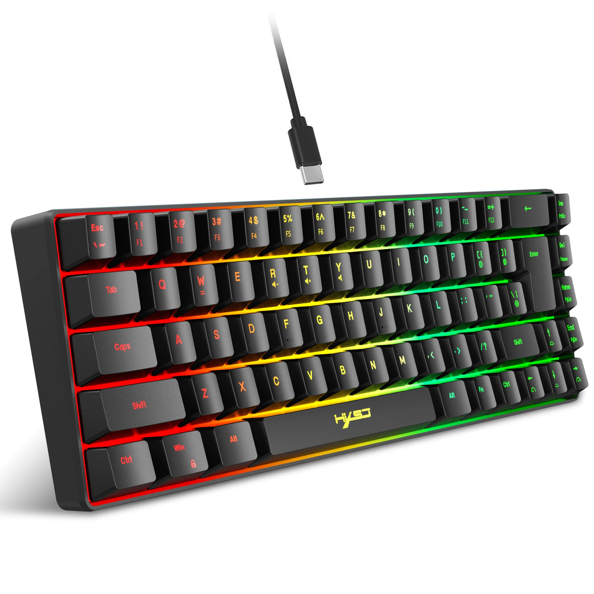 A black 68-key wired gaming keyboard with RGB backlighting and a detachable USB cable.
