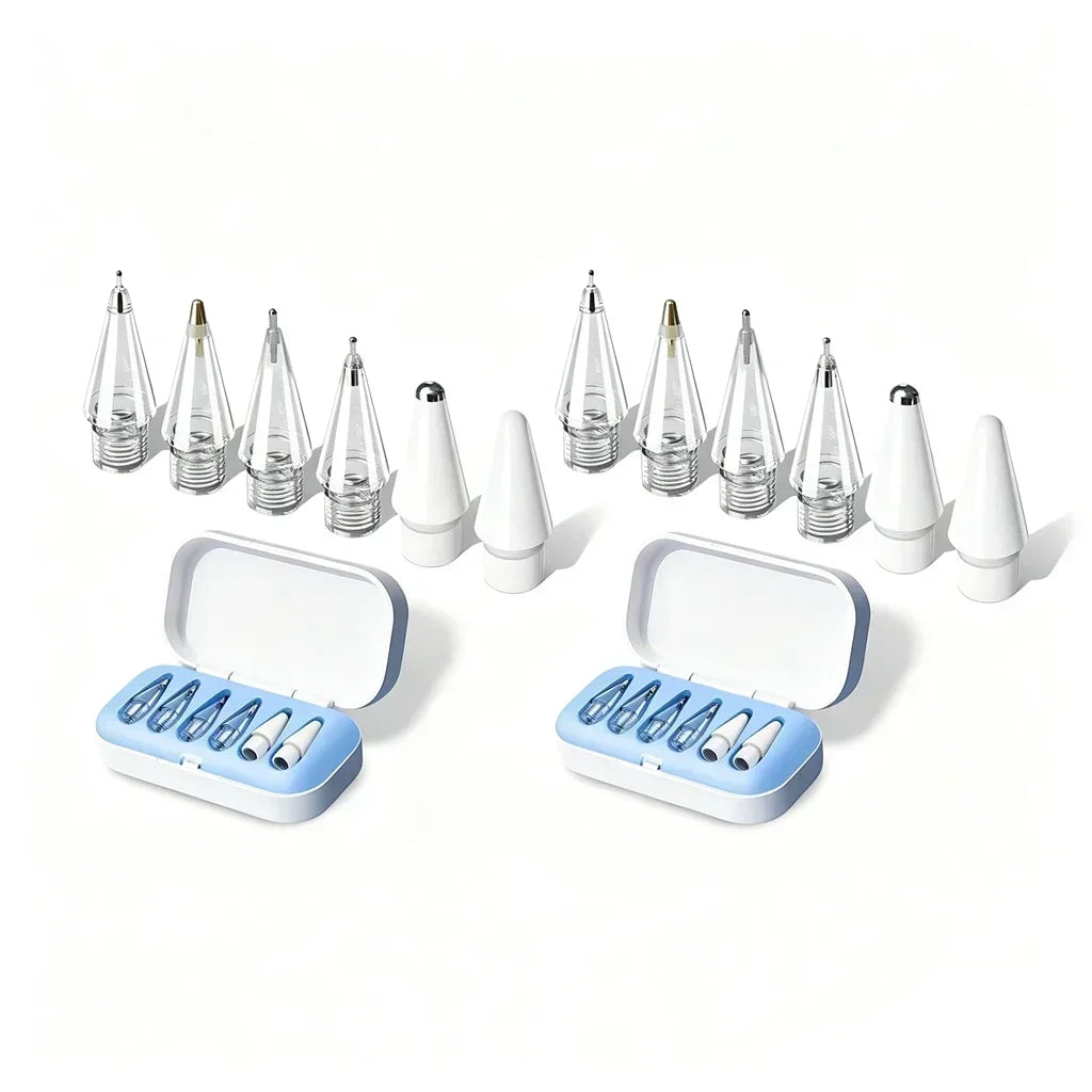 Set von 12 silbernen und weißen Ersatz-Nibs für Apple Pencil, zusammen mit ihren Aufbewahrungsfächern.