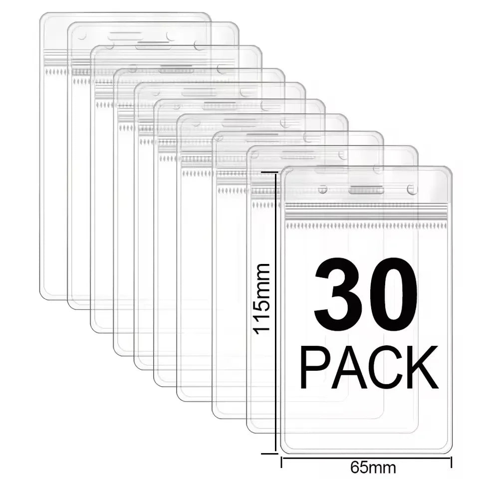 A stack of thirty clear plastic ID card holder sleeves for protection and storage.