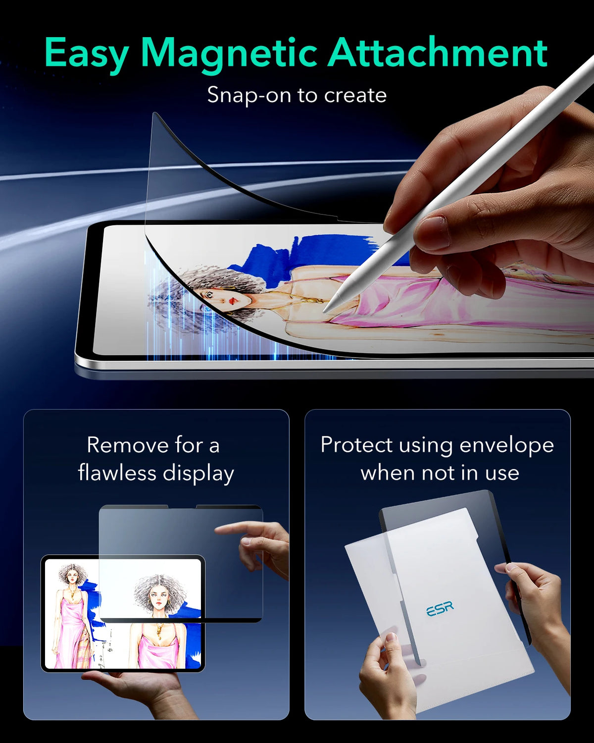 A hand is snapping on a magnetic screen protector film onto an iPad display.