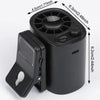 A black portable mini fan with a clip, showing its dimensions and fan grille.