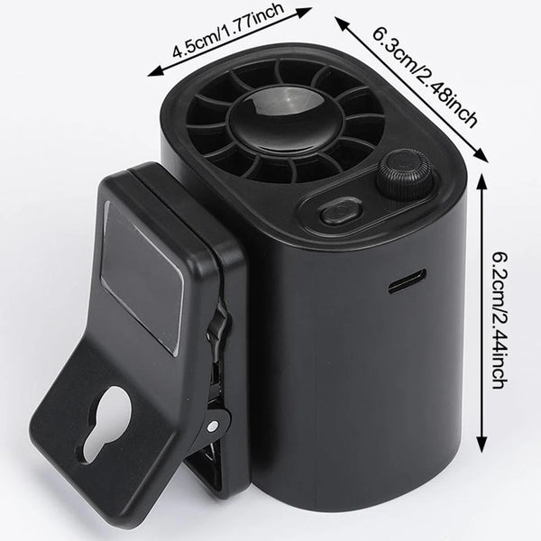A black portable mini fan with a clip, showing its dimensions and fan grille.