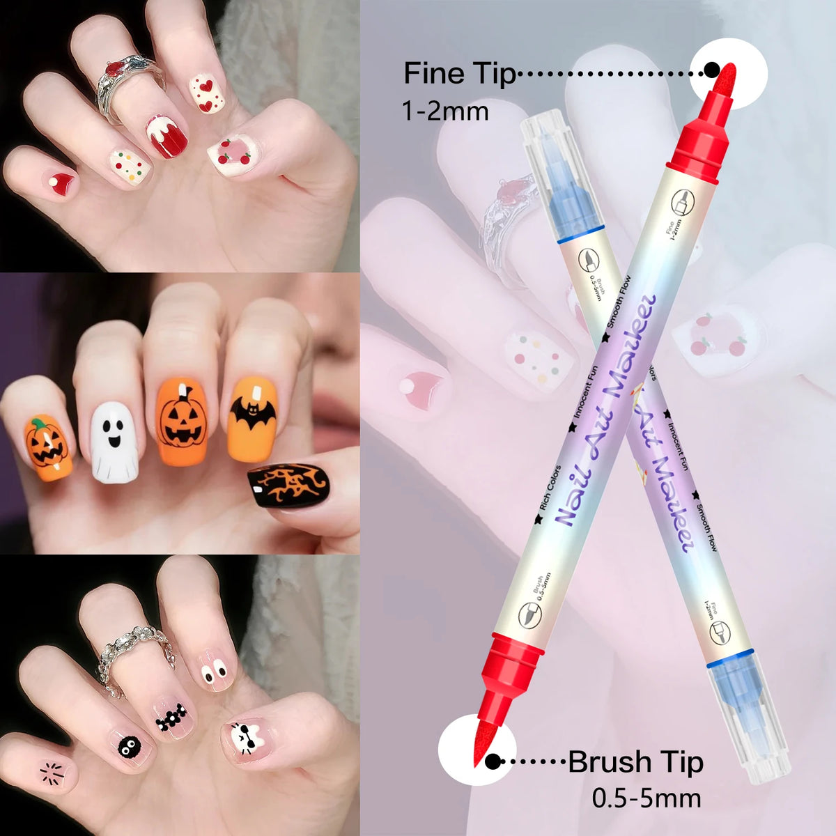 A set of fine tip nail art graffiti dotting pens in various colors and sizes for detailed nail designs.