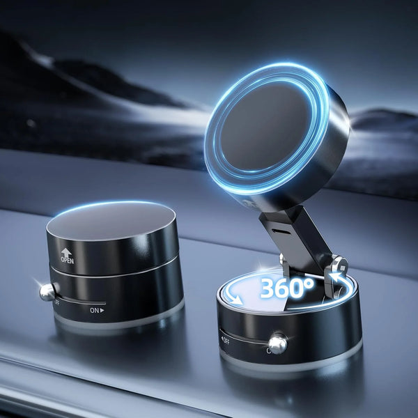 A close-up of a 360° magnetic phone holder device with a rotating lens and control buttons.