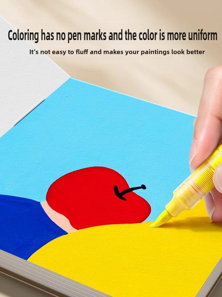 A hand is painting a colorful watercolor or acrylic drawing on paper, showing uniform color and smooth application.