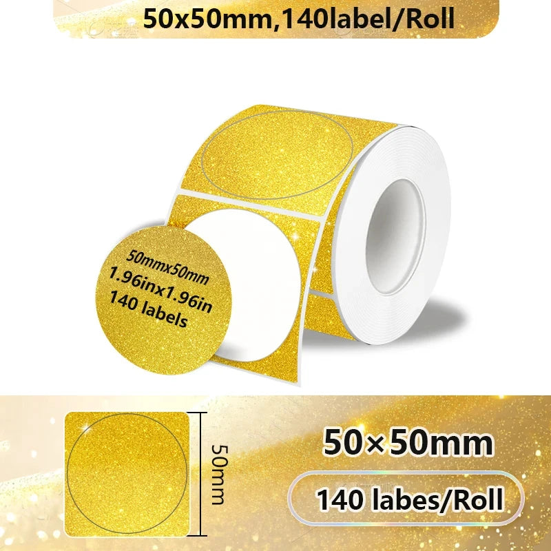 Rollo de etiquetas térmicas autoadhesivas de papel de aluminio dorado brillante de 50x50mm con 140 etiquetas por rollo