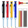 A set of precision mechanical pencils in black, red, and yellow with built-in sharpeners shown alongside a separate sharpener