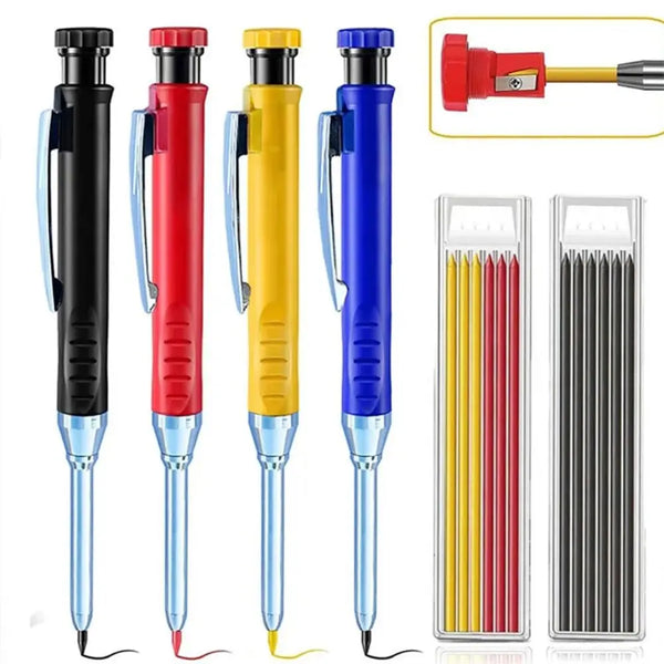 A set of precision mechanical pencils in black, red, and yellow with built-in sharpeners shown alongside a separate sharpener