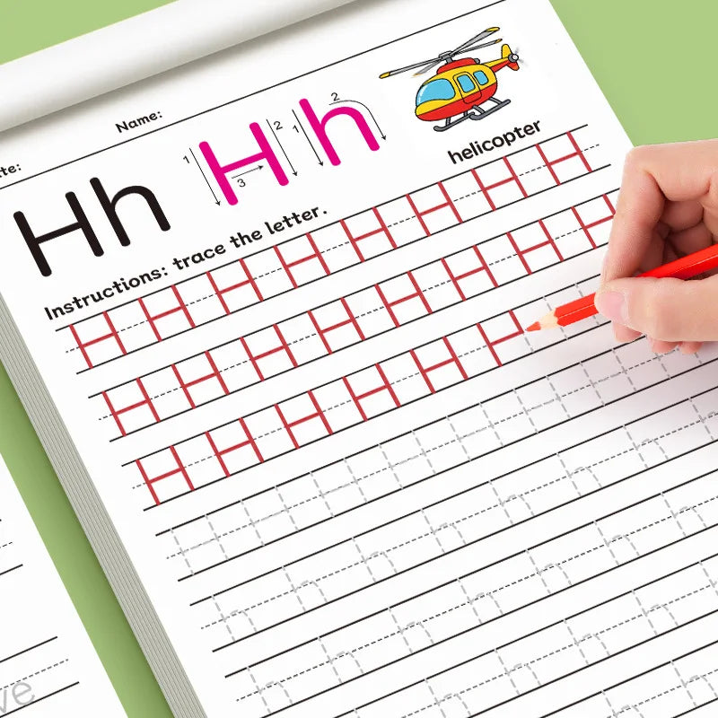A learning workbook page showing tracing practice for the letter H and numbers 1 through 3, with a helicopter illustration.