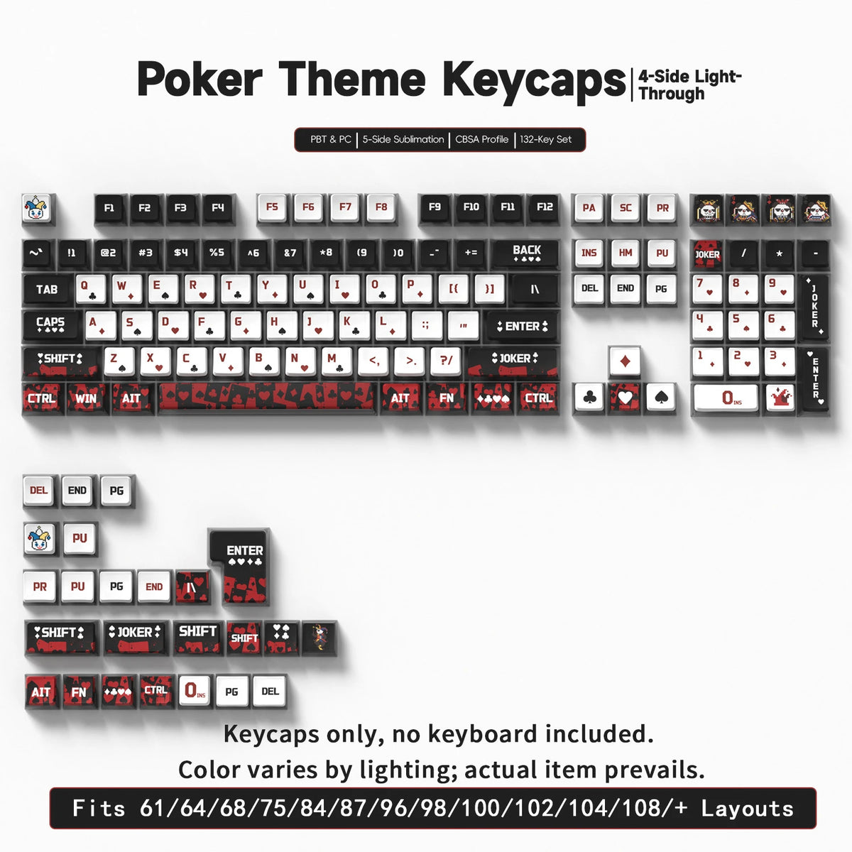 A set of Poker theme light-through keycaps for mechanical keyboards, including various letter and symbol keys.