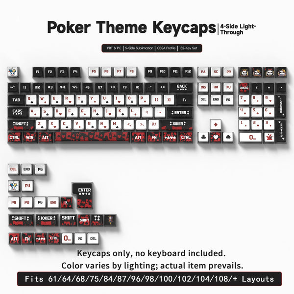 A set of Poker theme light-through keycaps for mechanical keyboards, including various letter and symbol keys.