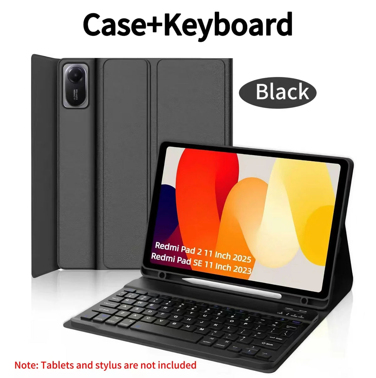 Black case and keyboard for a tablet, shown with the tablet and stylus not included.