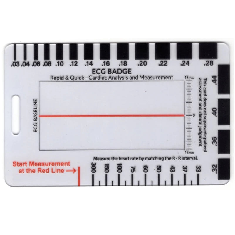 A white ECG badge ruler card with markings for measuring the heart rate and R-R interval.
