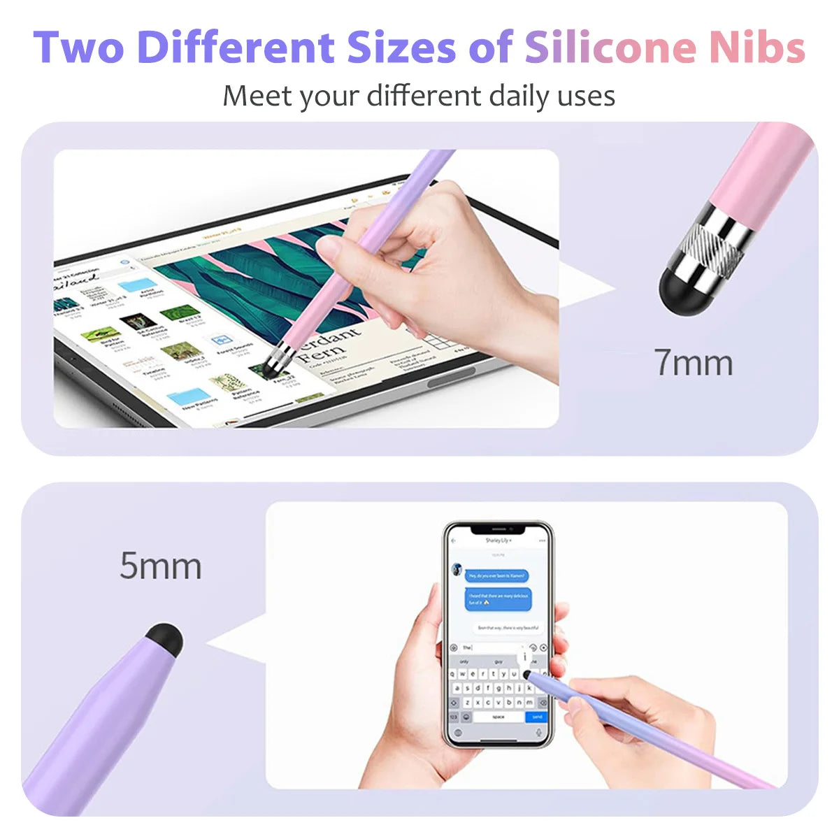 Two different sizes of silicone nibs for a stylus pen shown next to a laptop and a smartphone.