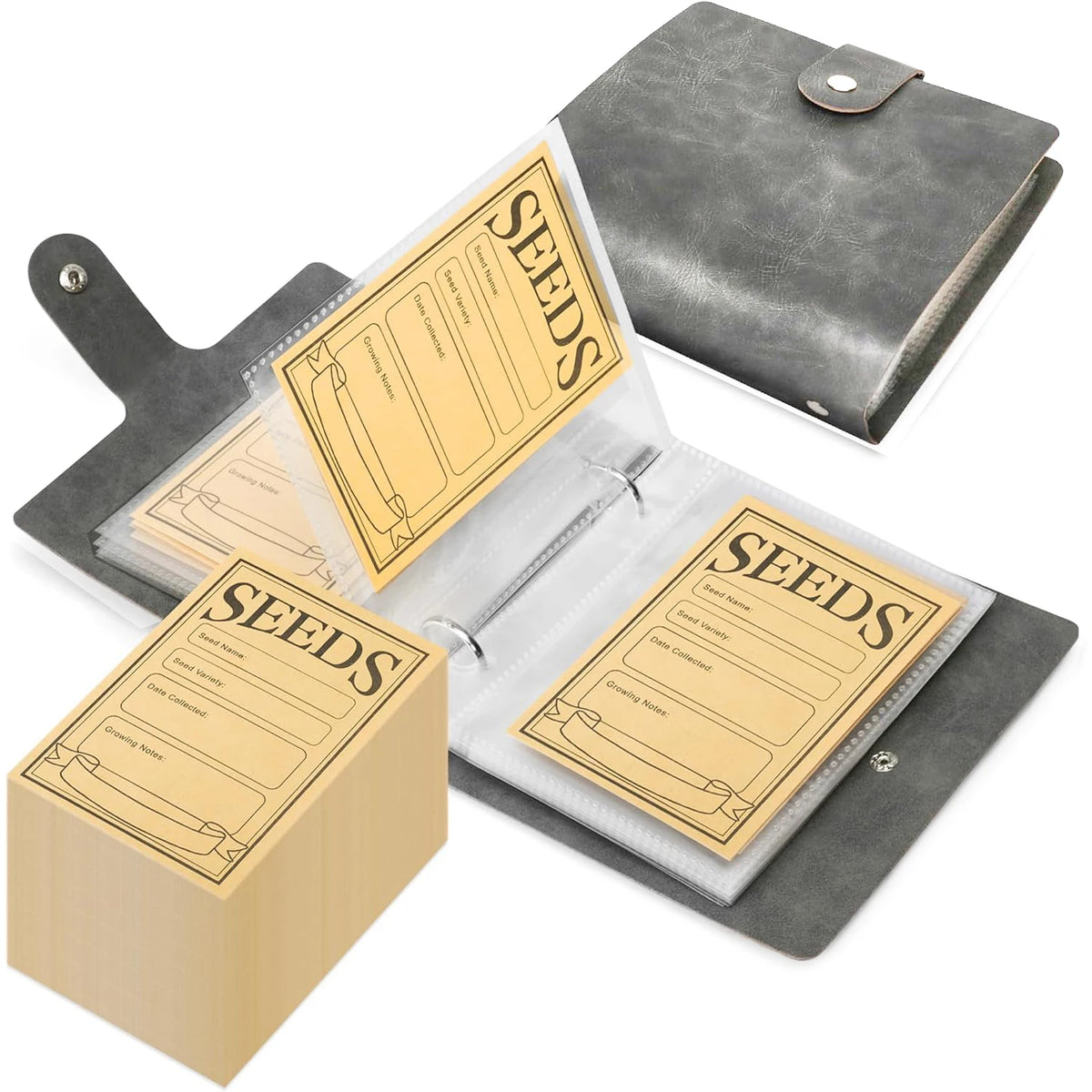 A set of garden seed storage organizers featuring a leather-bound folder and individual seed packets.