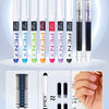 An assortment of ten fine point fountain pens in various colors and finishes displayed against a white background.