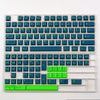 A close-up view of a dark blue PBT mechanical keyboard featuring cherry profile keycaps and various function keys.