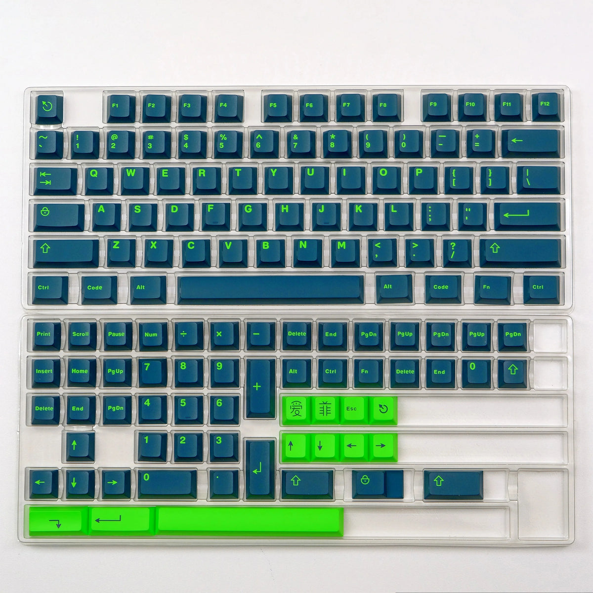 A close-up view of a dark blue PBT mechanical keyboard featuring cherry profile keycaps and various function keys.