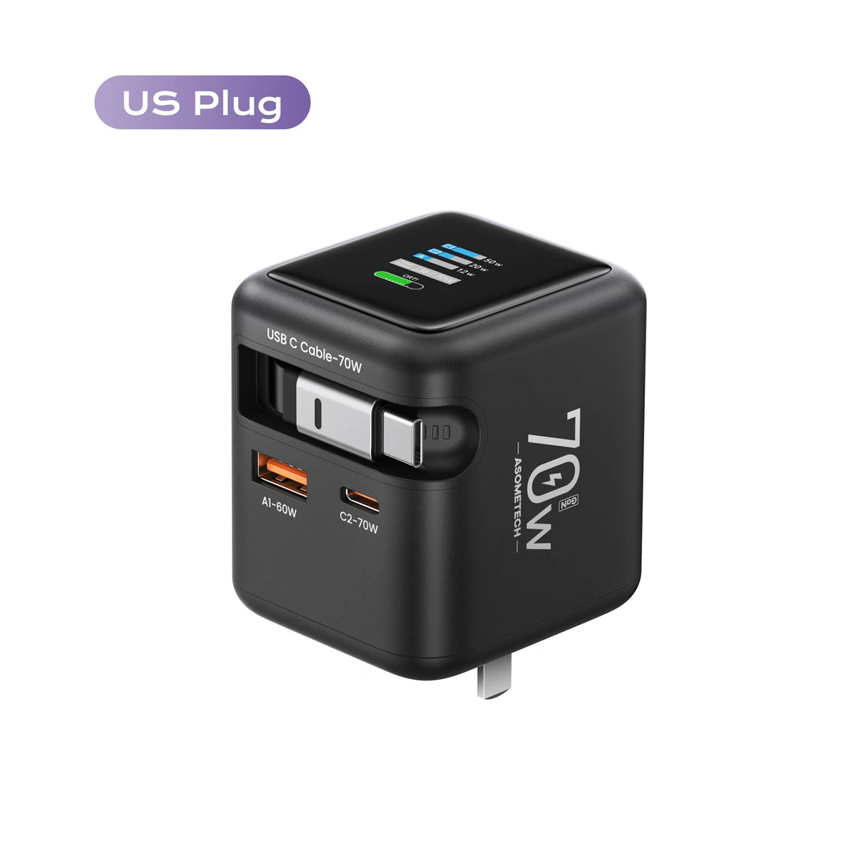 Black GaN fast charger with a retractable USB-C cable and US plug.