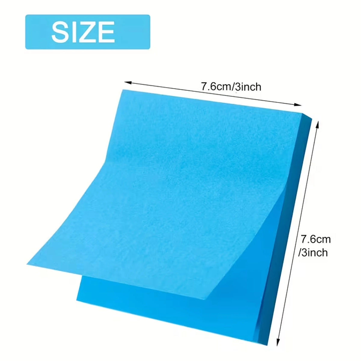 Blauer quadratischer selbstklebender Haftzettel mit den Maßen 7,6 cm oder 3 Zoll.