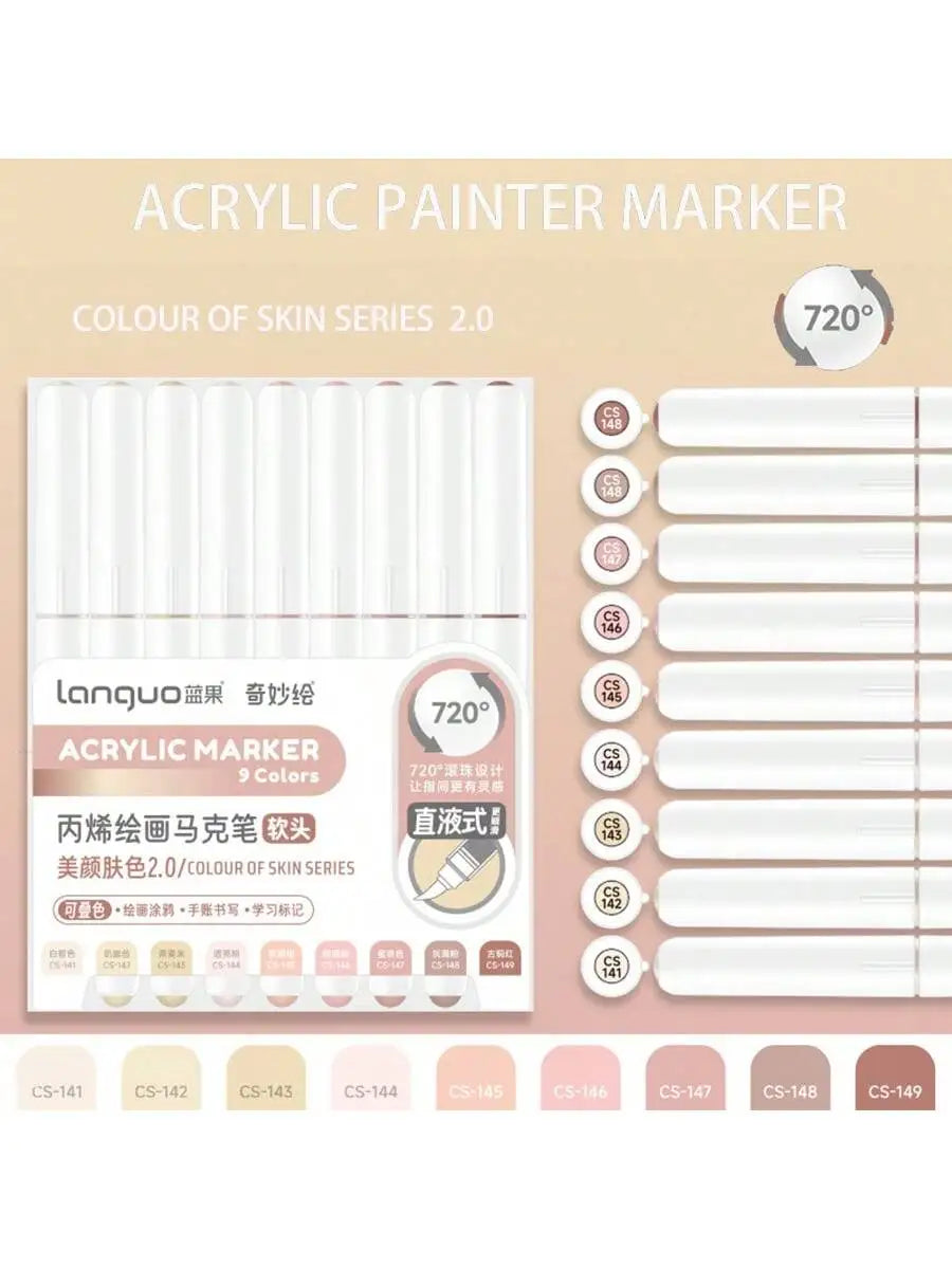 A set of 9 colors of acrylic paint markers with a 720 degree design for drawing and art.