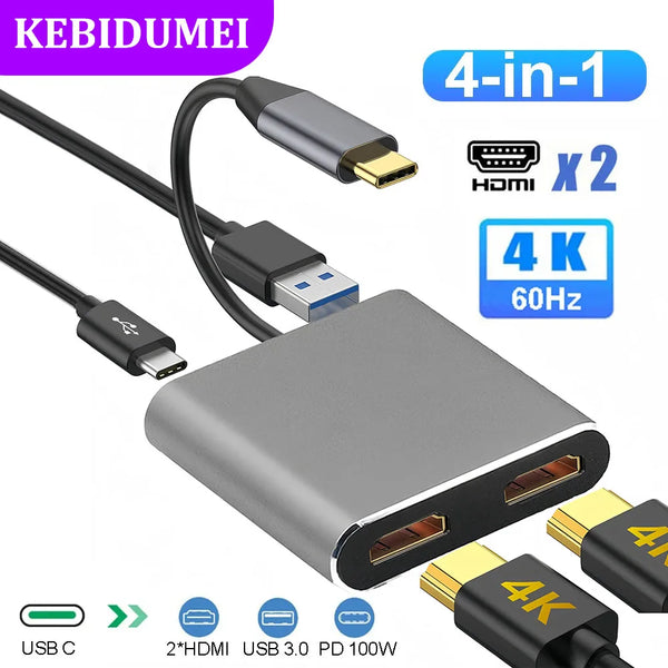 A gray 4-in-1 USB-C docking station featuring two HDMI ports, a USB 3.0 port, and a 100W PD output.