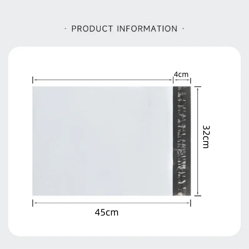 A rectangular white plastic mailing bag with a black sealing strip, shown with dimensions of 45cm by 32cm.