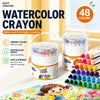 A set of 48 silky watercolor crayons in a clear twist-up container with colorful art on the background.
