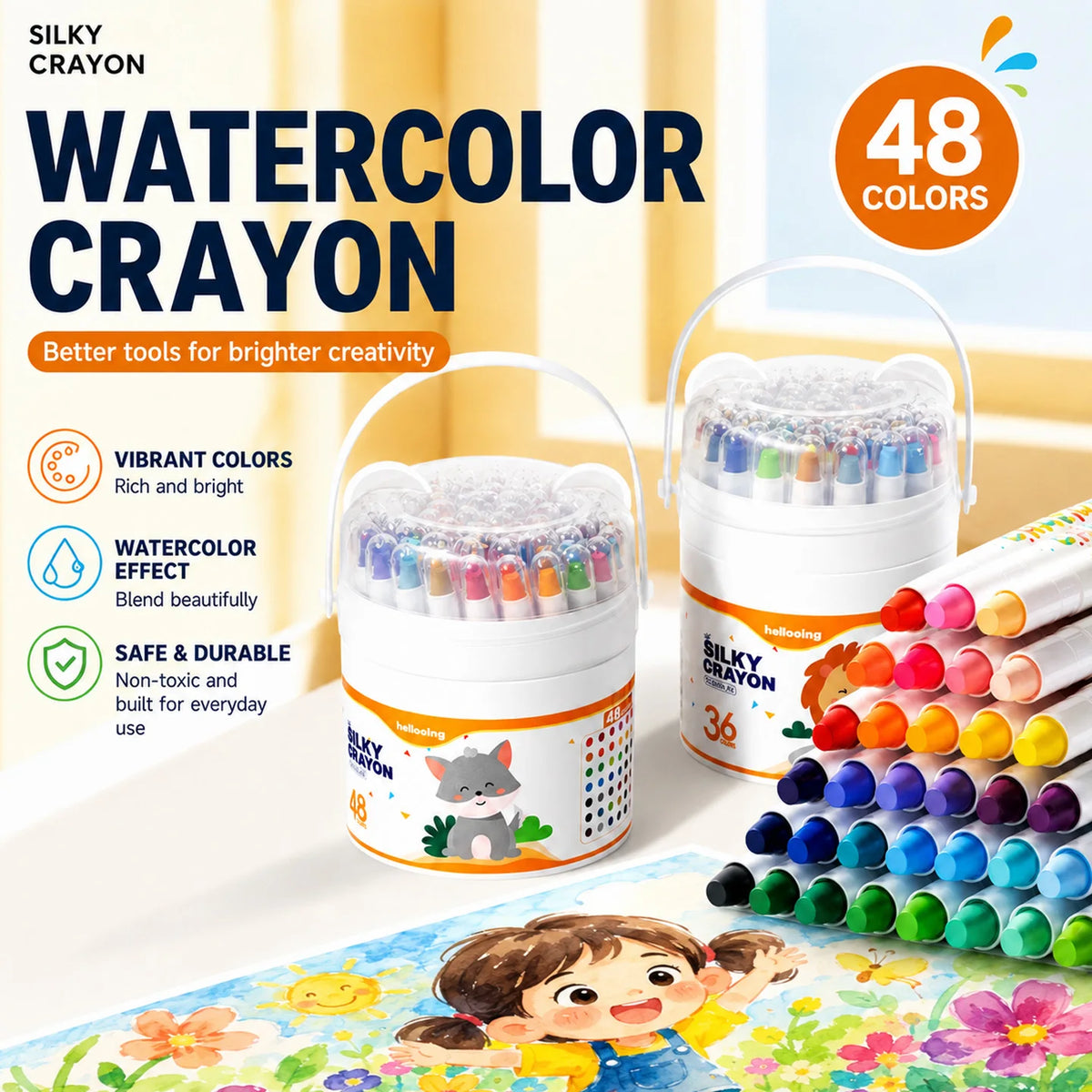 A set of 48 silky watercolor crayons in a clear twist-up container with colorful art on the background.