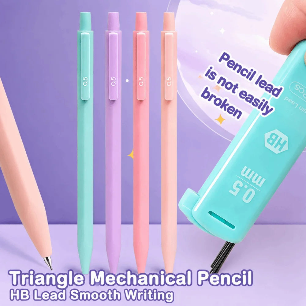 A set of light blue and pink mechanical pencils with lead refills shown next to a hand, emphasizing that the pencil lead is n
