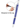 A blue mechanical pencil with a cap, showing a sharpener mechanism in the cap.