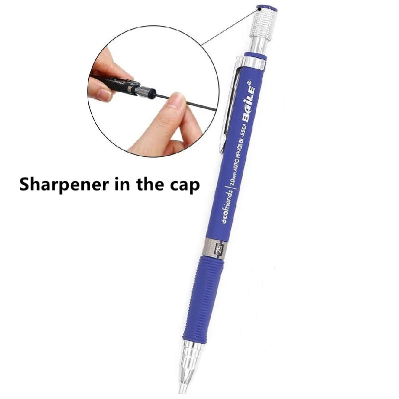 A blue mechanical pencil with a cap, showing a sharpener mechanism in the cap.