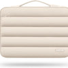A beige protective laptop sleeve bag with padded compartments and a carrying handle.