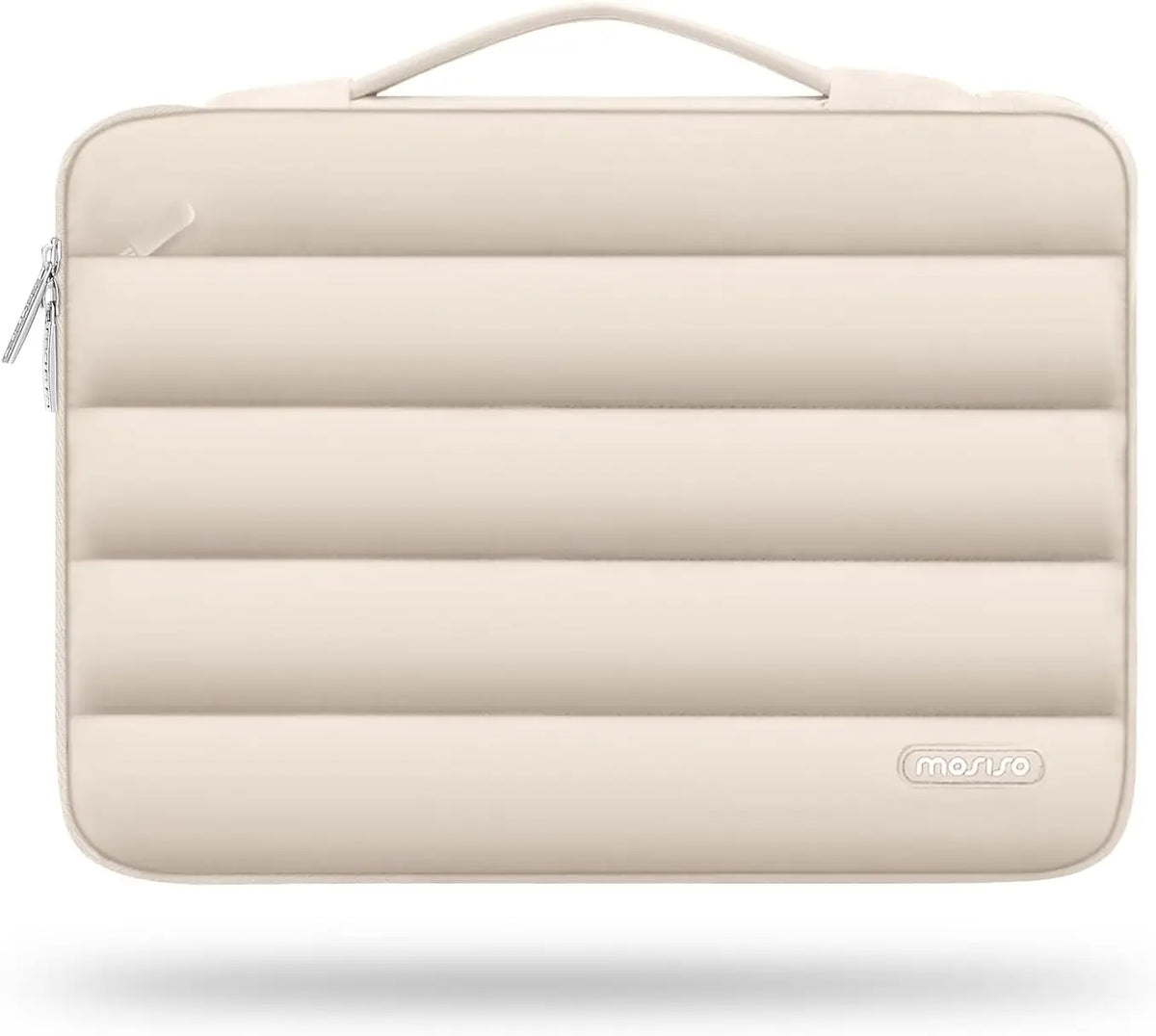 A beige protective laptop sleeve bag with padded compartments and a carrying handle.