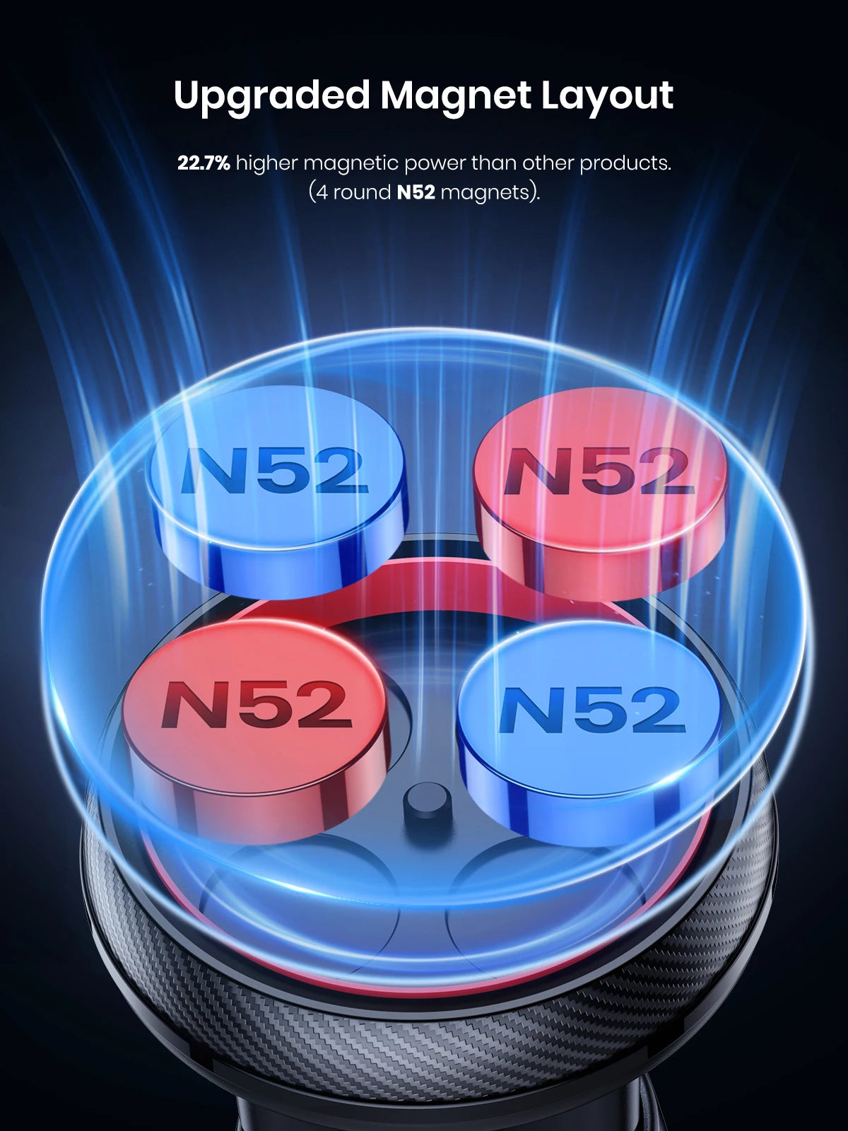Close-up view of an upgraded magnet layout featuring five N52 magnets on a black phone mount.