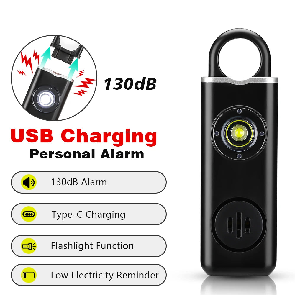 Black personal alarm device with USB charging, 130dB alarm, Type-C charging, flashlight, and low electricity reminder feature