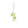 A clear acrylic charm shaped like a green, round-faced character is attached to a silver keychain.