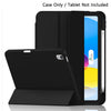 A black universal protective case for an iPad is shown, with the tablet inside and the case cover displayed next to it.